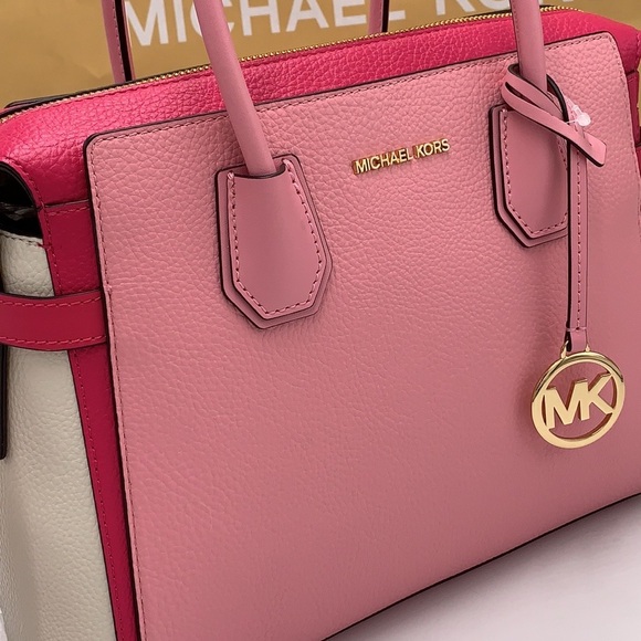 MICHAEL KORS Mercer Md Top ZipColor-Block Belted Satchel Crossbody Purse El Pink - Picture 15 of 16